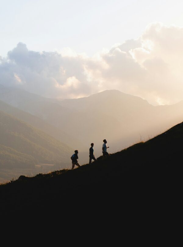 silhouette of 2 people standing on top of mountain during daytime